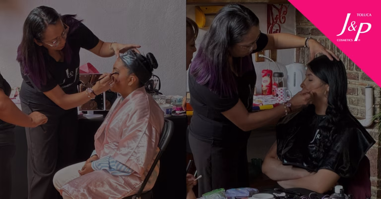 Maestra Susy dando clase en el curso de maquillaje profesional para principiantes en J&P cosmetics Toluca